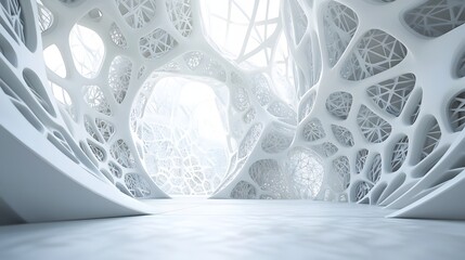 1. A stunning 3D rendering of a modern, white intricate room featuring abstract geometric shapes and patterns, designed as a textured background for a futuristic presentation