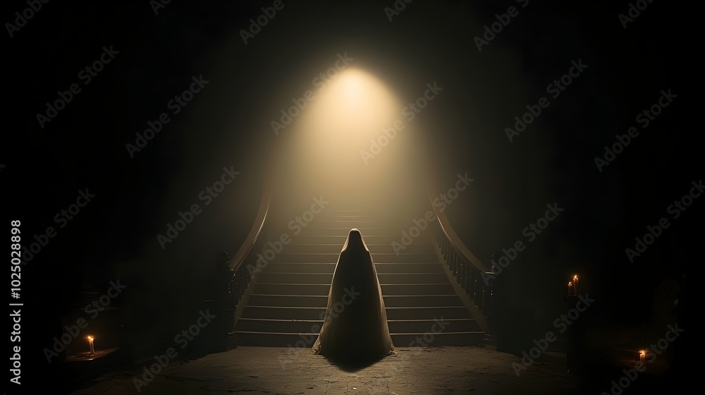 Aufkleber Ghostly Presence Descends the Illuminated Victorian Staircase A Captivating Supernatural Scene of a Cloaked Figure Gliding Down a Grand Staircase Bathed in the Soft Glow of Candlelight in a Moody
