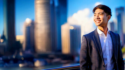A side profile of an Asian businessman smiling under the dazzling lights of the city.