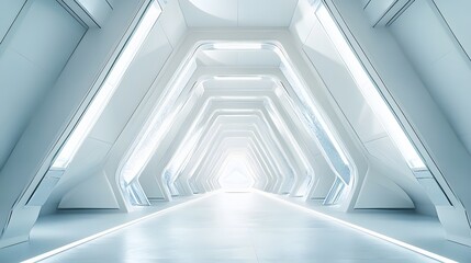 Fototapeta premium 5. A visually striking 3D depiction of a futuristic white room, showcasing intricate architecture and geometric details, ideal for use as a textured wallpaper or design background