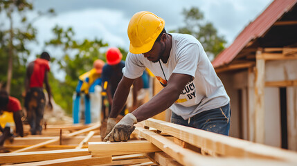 World Habitat Day volunteers building homes for underprivileged families in a developing country