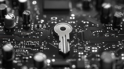 A close-up view of a key on a circuit board, symbolizing digital security and technology.