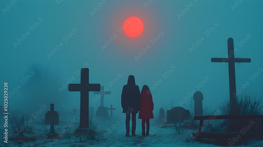Poster ghostly silhouettes of figures walking through an old ominous cemetery illuminated by the eerie glow