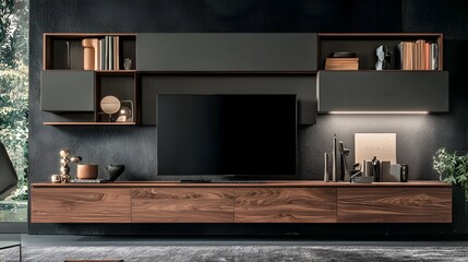 A minimalist and contemporary entertainment room featuring a wall mounted TV and clean elegant decor  The space showcases a sleek and serene design with a focus on simplicity and functionality