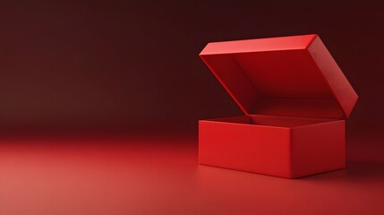 1. A minimalistic 3D rendering of an all-red gift box, slightly open to reveal a blank interior, isolated against a rich dark red background, perfect for showcasing holiday or celebration products