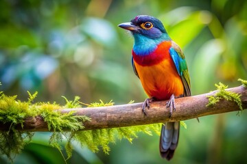 Fototapeta premium A Charming Cat Bird with Colorful Feathers Perched on a Branch in a Serene Natural Setting