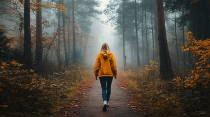 Fototapeta premium Lonely woman walks on footpath in dark foggy mystery forest. Spooky atmospheric mood in autumn woodland 