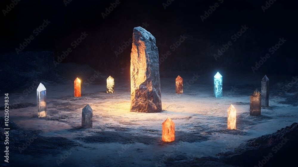 Poster glowing healing crystals and energy stones arranged in a circular pattern radiating a tranquil mysti