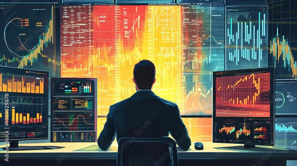 Aufkleber a man sits at a desk, watching multiple monitors displaying stock market charts and data