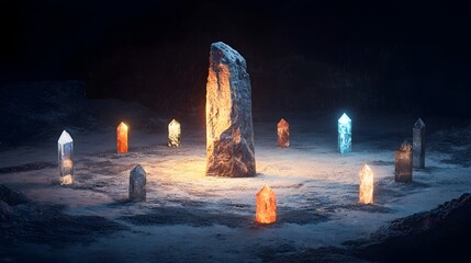 Glowing Healing Crystals and Energy Stones Arranged in a Circular Pattern Radiating a Tranquil Mystical Atmosphere for Meditation and Wellness
