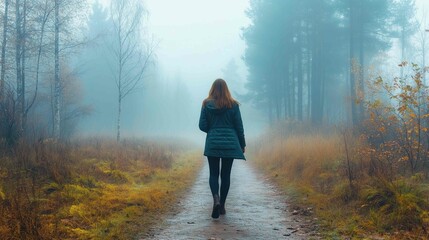 Fototapeta premium Lonely woman walks on footpath in dark foggy mystery forest. Spooky atmospheric mood in autumn woodland 