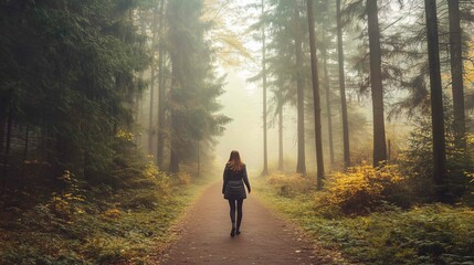 Fototapeta premium Lonely woman walks on footpath in dark foggy mystery forest. Spooky atmospheric mood in autumn woodland 