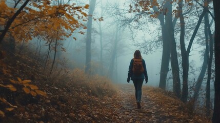 Fototapeta premium Lonely woman walks on footpath in dark foggy mystery forest. Spooky atmospheric mood in autumn woodland 