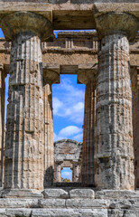 Temple of Neptune at Paestum in Italy: detail of the Doric columns.