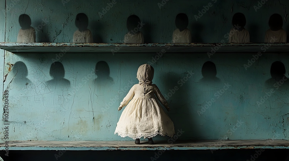 Aufkleber Haunted vintage doll sitting alone on an old decaying shelf surrounded by shadows that form the ominous ghostly faces of unseen entities in a dark supernatural and foreboding setting