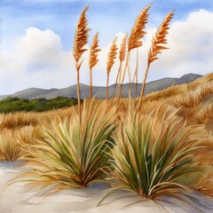 A serene watercolor of tall grasses in a sandy landscape with distant mountains.