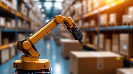 Fototapeta premium Industrial robotic arm in a warehouse, automating the handling of boxed goods.