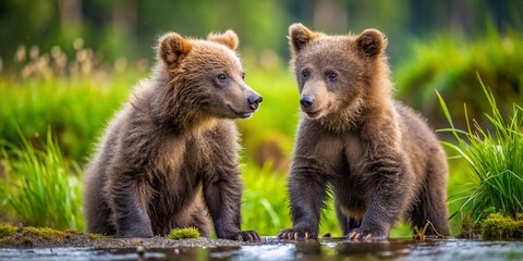 Fototapeta premium Adorable Bear Cubs Playing in the Wild: A Heartwarming Capture of Nature's Youngest Wildlife Companions