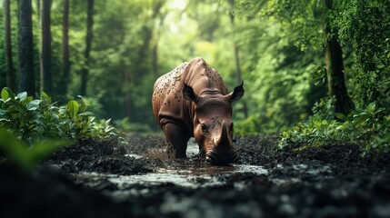 Rhino in Lush Green Jungle Landscape