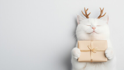 L&auml;chelnde wei&szlig;e Katze mit Rentiergeweih, h&auml;lt ein goldenes Geschenk in den Pfoten vor minimalistischem wei&szlig;em Hintergrund &ndash; weihnachtliche Gru&szlig;karte oder Dekoration