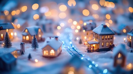 Obraz premium Miniature city with snow-covered houses at night. AI generated illustration.