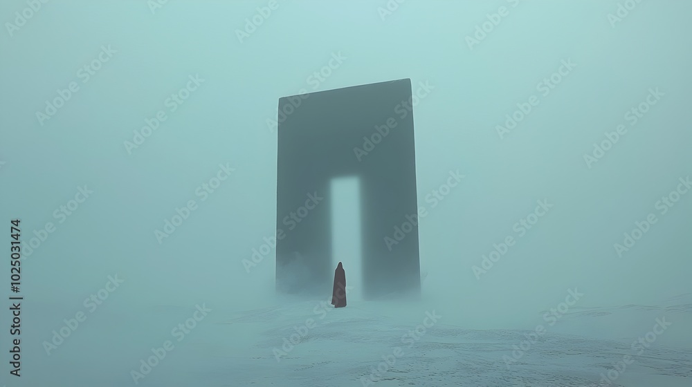 Poster Mysterious ethereal apparition standing at the end of a long dark corridor with fading hazy light   creating an eerie foreboding and intriguing atmosphere of the unknown