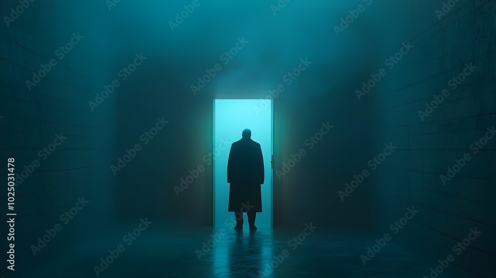 Poster mysterious silhouette standing at the end of a long dark corridor with fading misty light creating a