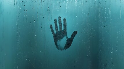 Mysterious ghostly handprint appearing on a frosty window as if from the other side creating an eerie supernatural atmosphere