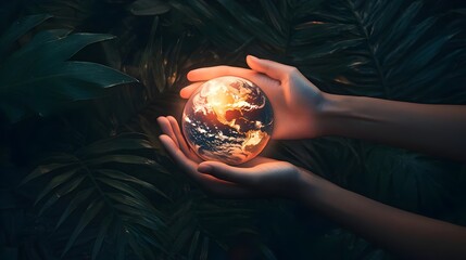 Hands holding glowing earth symbolizing healing nurture and environmental conscious efforts and ecology