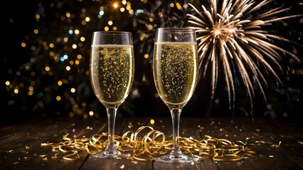 New Year's celebration with champagne and fireworks
