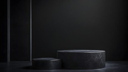 1. A minimalist stage setup featuring a dark stone podium against a rich black background, creating a sophisticated environment for showcasing products in a modern aesthetic