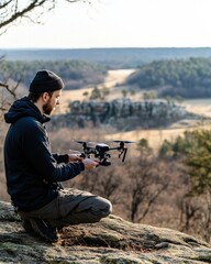 Fototapeta premium A hobbyist preparing a drone for flight on a scenic hilltop, with a camera attached, ready to capture aerial shots of the landscape, highlighting the adventurous side of drone photography