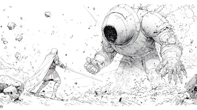 Powerful Black Line Drawing Depicting the Fierce Struggle Between the Legendary Hero Beowulf and the Monstrous Grendel in an Epic Battle of Good Versus Evil