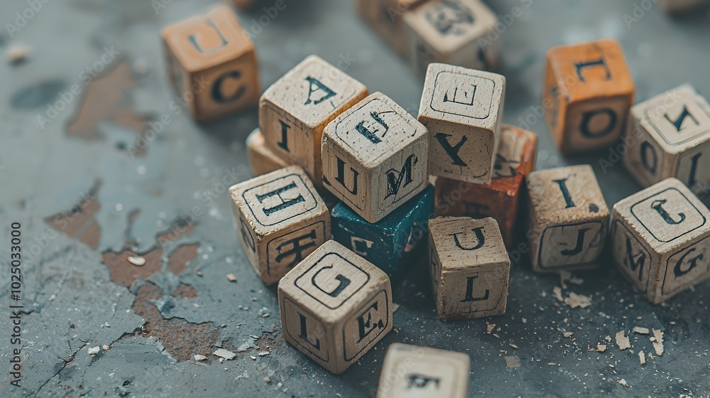 Poster scattered wooden alphabet blocks with classic lettering viewed from above to showcase their arrangem