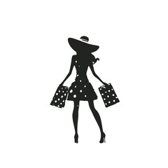 Fototapeta premium A young woman with long hair wearing a polka dot dress, holding shopping bags