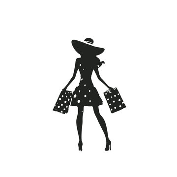 A young woman with long hair wearing a polka dot dress, holding shopping bags