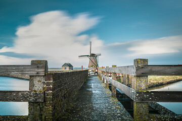 Windmill on wadden sea island Texel belonging to the Nehterlands, Europe, tourism landmark in its...