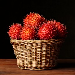 A basket filled with vibrant, spiky fruits against a dark background.