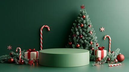 4. A beautifully arranged 3D scene featuring an empty green round podium highlighted by festive decorations, including a lush Christmas tree, cheerful candy canes, and sparkling red ornaments, ideal