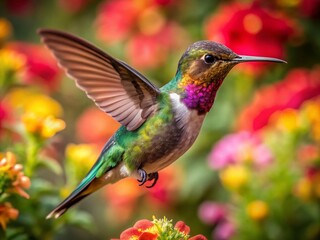Fototapeta premium Adorable Hummingbird in Vibrant Colors Hovering Near Flowers Captured in Nature's Beauty and Serenity