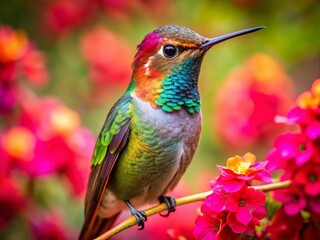 Fototapeta premium Adorable Hummingbird Perched on a Flower Branch, Showcasing Its Vibrant Feathers and Graceful Beauty in Nature