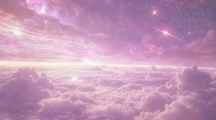 A stunning photograph featuring a fluffy cloud like formation against a pastel violet and pink sky with twinkling stars creating a mesmerizing and ethereal celestial backdrop