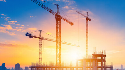 Blueprint with active construction site, cranes, steel frame building taking shape