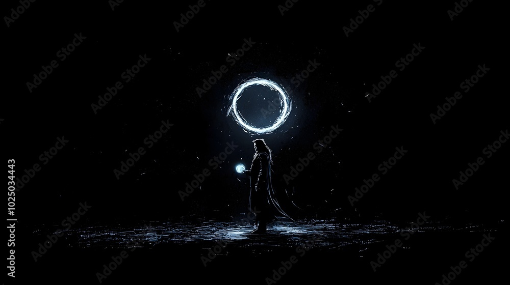 Poster trickster god holding glowing orb of chaos in shadowy silhouette moody mysterious fantasy of powerfu