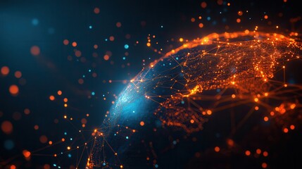 Obraz premium Abstract digital representation of global network with glowing nodes and connections, illustrating technology and innovation on dark background.