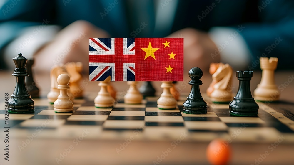 Poster two national flags the chinese and british placed on opposite sides of a classic chess board symboli