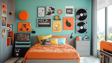 Vibrant and Argentinian Teen Bedroom with Tango Themed Posters Vinyl Records and Colorful Bedding Decor  A cozy and personalized space reflecting the owner s interests and style