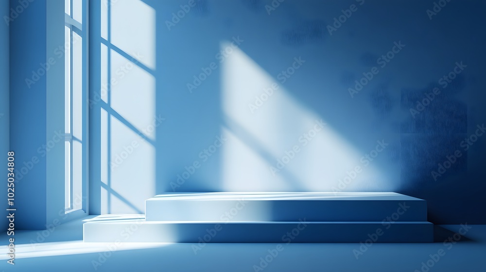 Poster 3. a modern 3d depiction of an empty room corner with an abstract blue background, where beams of li