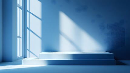Obraz premium 3. A modern 3D depiction of an empty room corner with an abstract blue background, where beams of light from a window create dramatic effects on a minimalist podium, enhancing the presentation space
