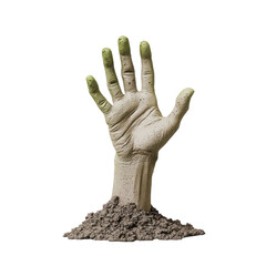 Zombie hand emerging from soil, Halloween theme, isolated on white background.